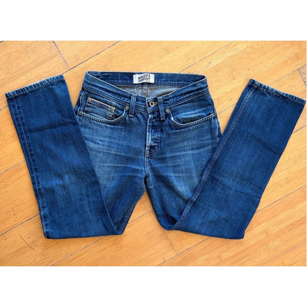 Naked & Famous Denim Blue Indigo Button Fly Selvedge Detail Jeans Mens 28x27